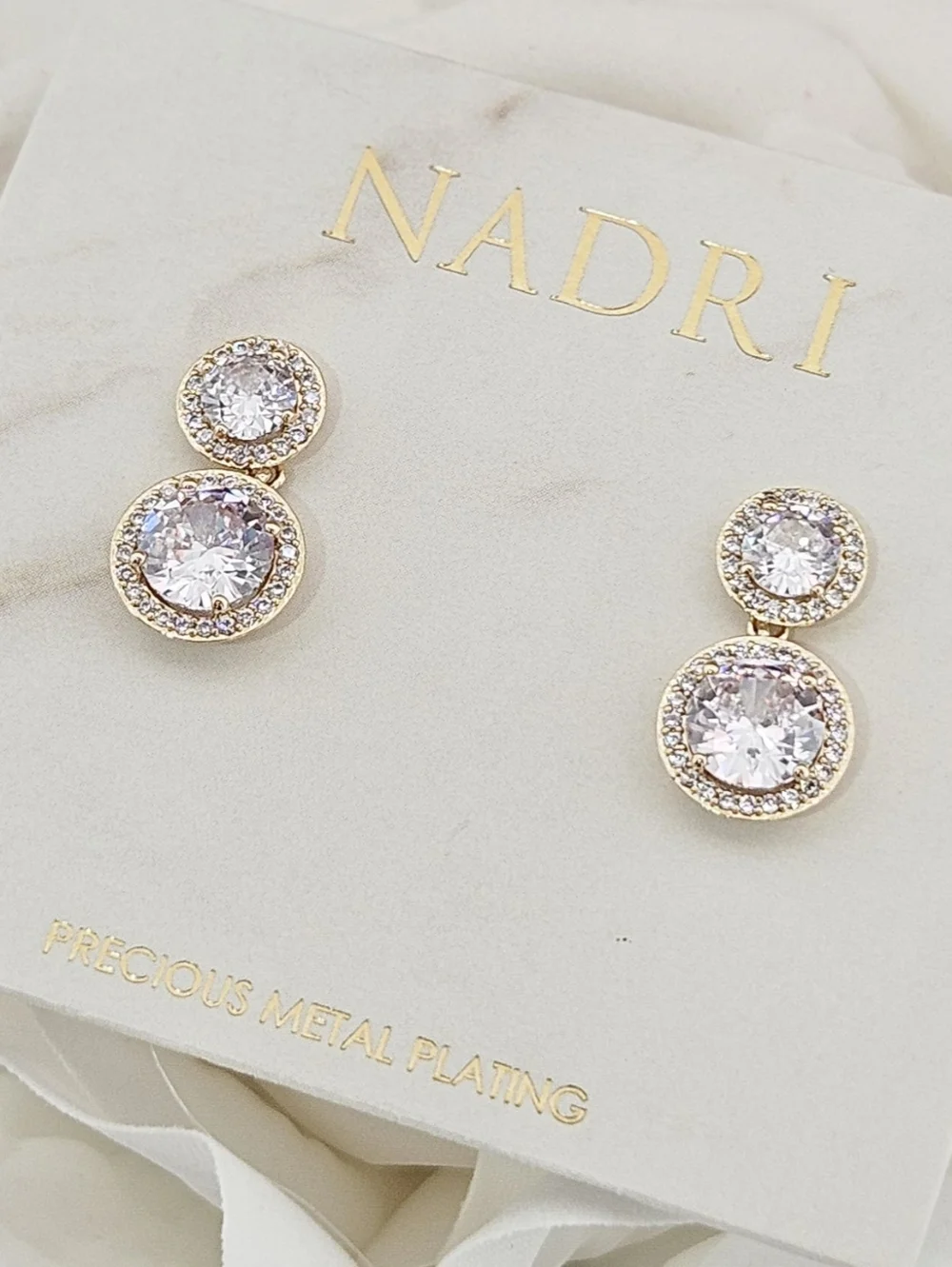 Nadri Halo Cubic Zirconia Drop Earrings Gold Precious Metal Plated Bridal Gift